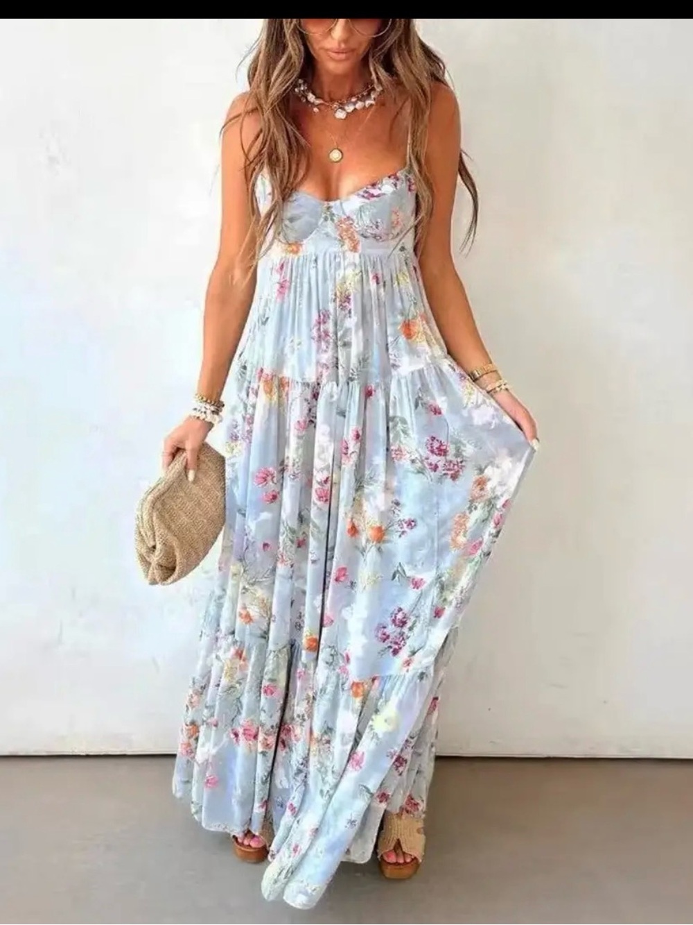 Floral Light Blue Maxi Sundress with Spaghetti Straps